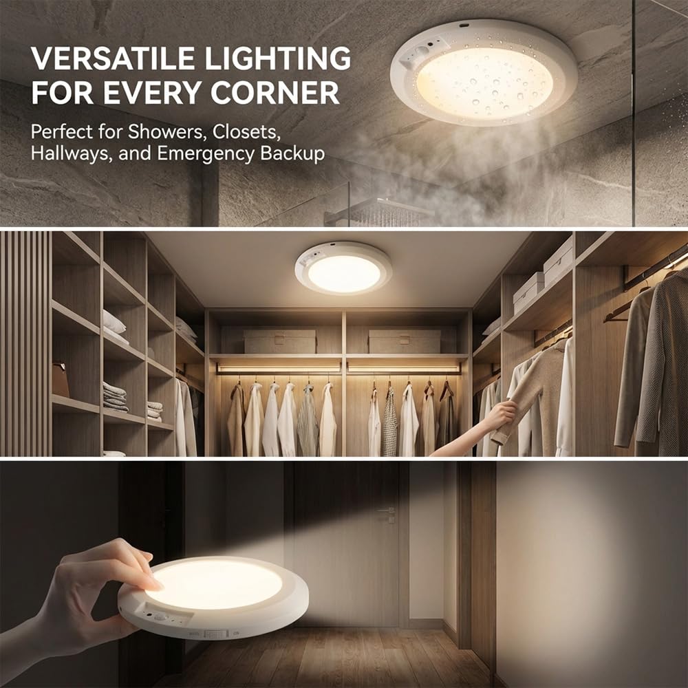 Rechargeable Wireless LED Motion Sensor Ceiling Light with Remote, Magnetic Dimmable 3-Color Battery Operated Lights, 7.48in Ultra-Long 60-Day Life for Closet Shower Hallway Stairs (1 pc)