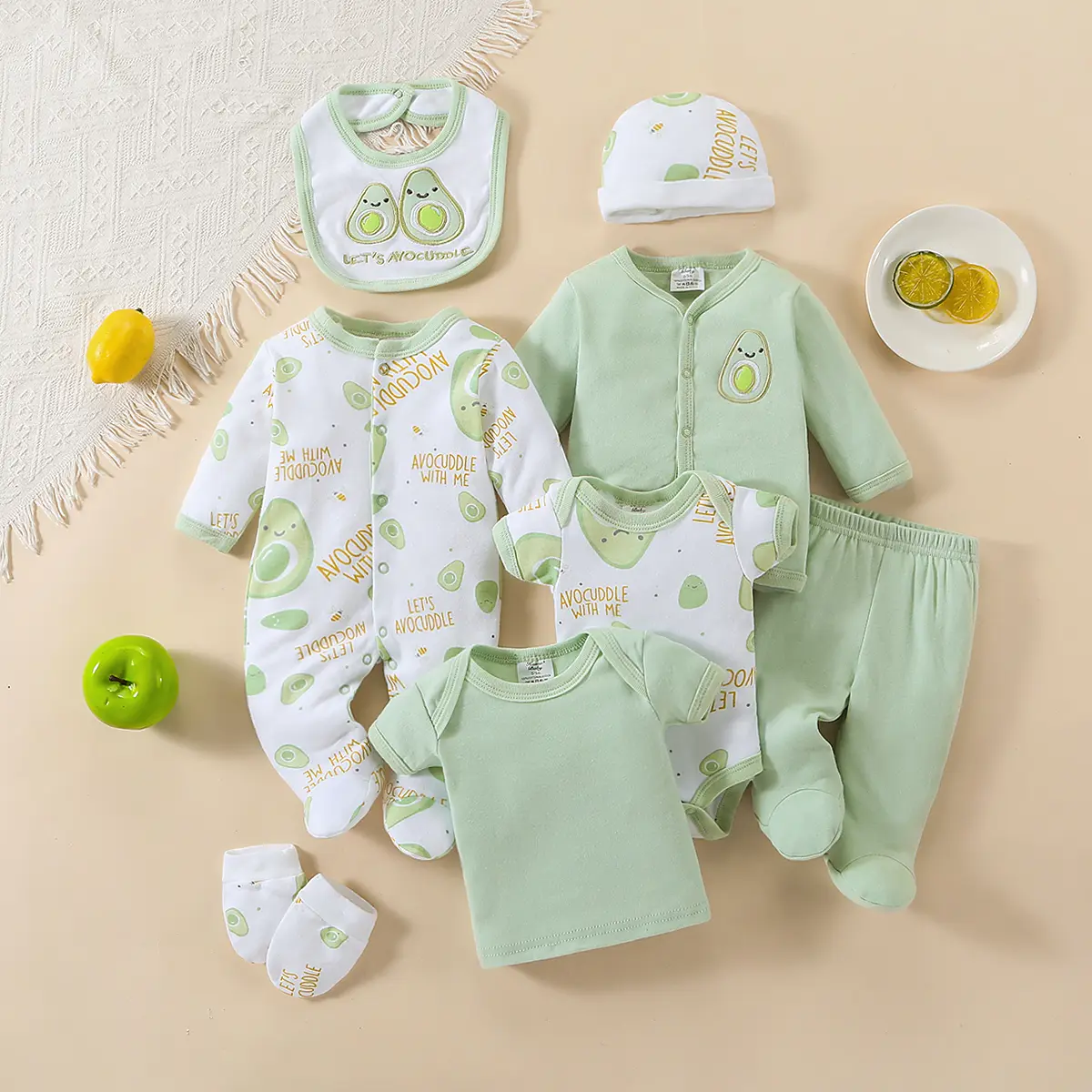 8pcs Set for Baby Boys, Spring/Summer Collection, Comfortable and Soft, Stylish Cartoon Print, Includes Long Romper with Cap, Bib, Socks, Pants, Jacket, Top, and Onesie Bodysuit, Perfect for Outdoor