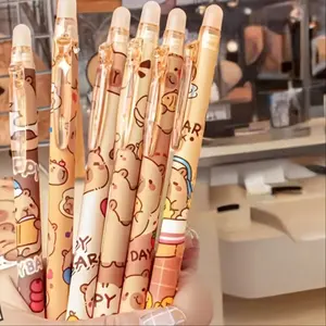 6pcs Side-Press Erasable Pens with Cute Capybara Design, High-Quality Fast-Drying Blue Ink, Ideal for Students and Everyday Use, Writing Stationery, College Student Pen