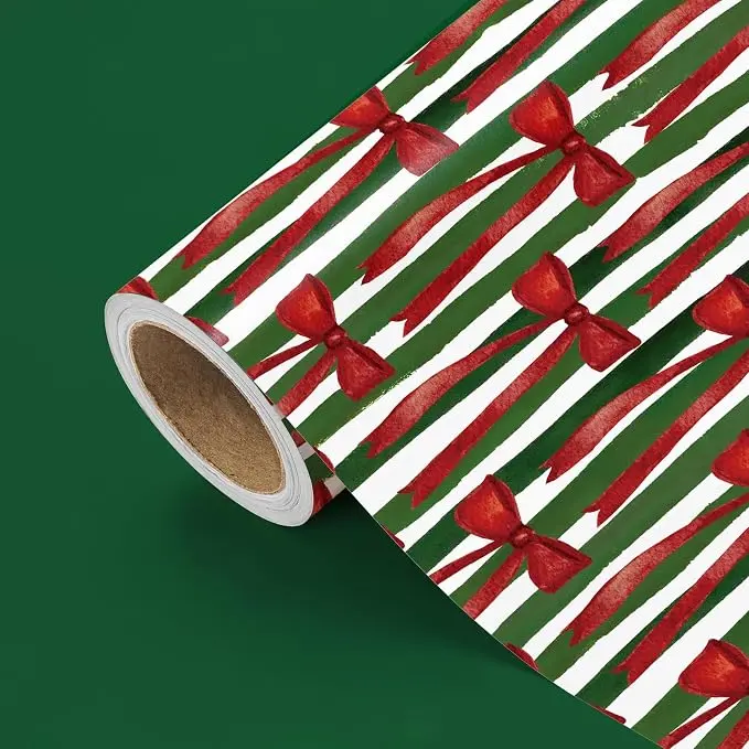 WRAPAHOLIC Reversible Christmas Wrapping Paper Red Bow on Green Striped and Solid Green,Santa, Unicorn, Design for Kids,Adults,Christmas Holiday&Winter Season,- Mini Roll - 17 Inch x 16.5 Feet -