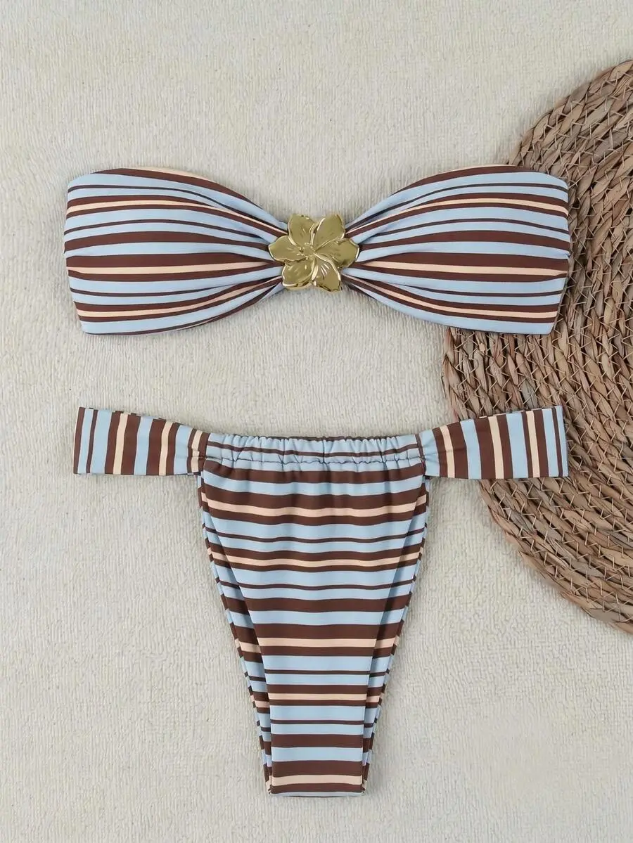 ZERA Women's Summer Beach Striped Metallic Decor Bikini Two-Piece Swimsuit Set Vacation