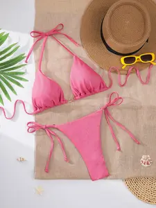 Women's New Sexy Triangle Bikini Set, Fine Sparkle, Perfect for Beach, Poolside, European and American Style, Plain Pattern