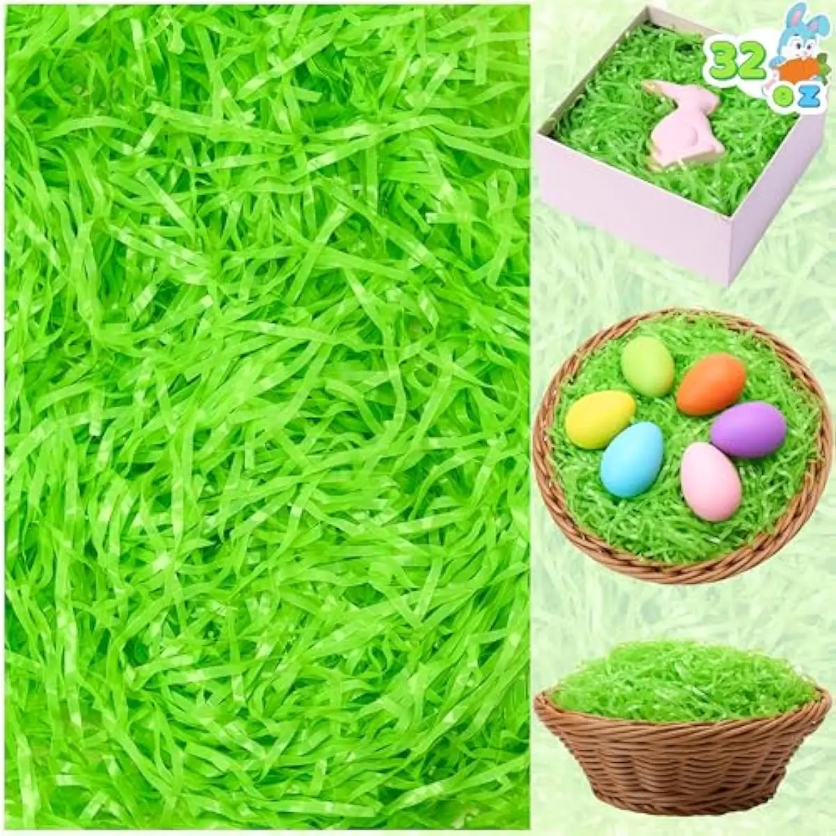 JOYIN 32oz Easter Grass, Pure Light Green Plastic Fake Grass, Shred Raffia for Easter Egg Hunt, Basket Stuffer Fillers, Party Bag Decor Favors, Gift Wrapping
