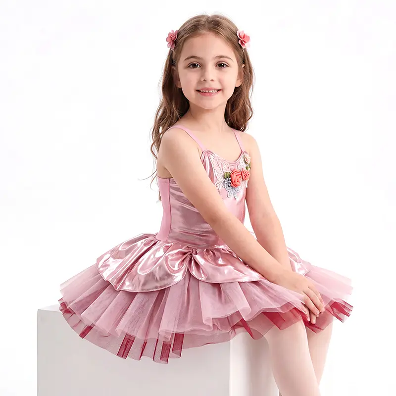 Girls Spaghetti Strap Ballet Tutu Dress  girls   3D Floral Embroidery Layered Satin Tulle Skirt Kids Ballerina Costume for Stage Recital Birthday Party Photo Shoot