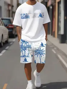 Men's Tropical Palm Tree Print T-Shirt and Shorts Set, Casual Fitted, All over Print, Summer Fashion, Comfortable Wear, Outfit