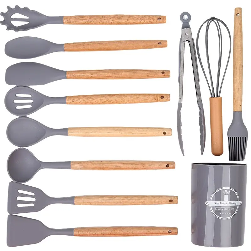 12-Piece Silicone Kitchen Utensils Set, Durable Kitchenware, Heat-Resistant Cooking Tools with Wooden Handles, Durable Multi-Functional Design for Home Cooking, Silicone Spatula Set, Spatula Included