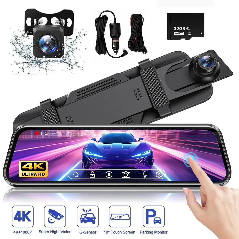 KEPEAK Dual-Lens Dashcam with Rearview Camera, 10-Inch IPS 1080P Full-Touch Screen, Front & Rear Waterproof Cameras, Photo Mode, 1 Recorder, 5.5m Connection Cable, DC 5V 2.5A Power Support, Auto Accessories Vehicle Accessory for Car Enthusiasts