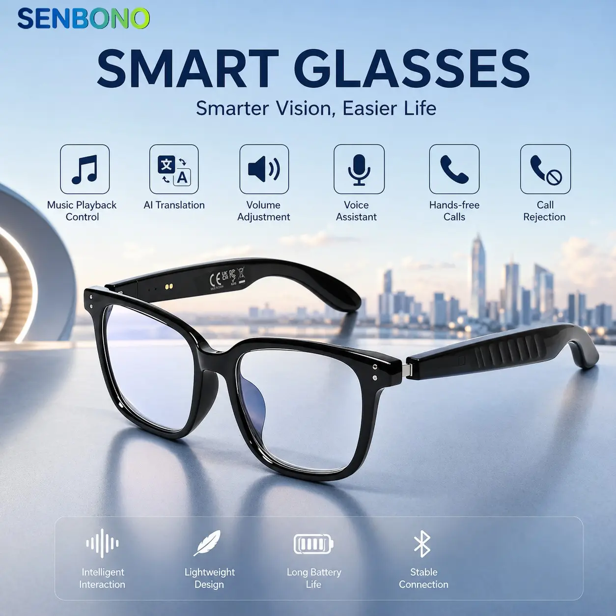Senbono Smart Glasses, Multi-Functional Ai Translation, Bluetooth-compatible Calling, Music Playback, Voice Assistant, Lightweight 34g Design, Wearable Smart Glasses