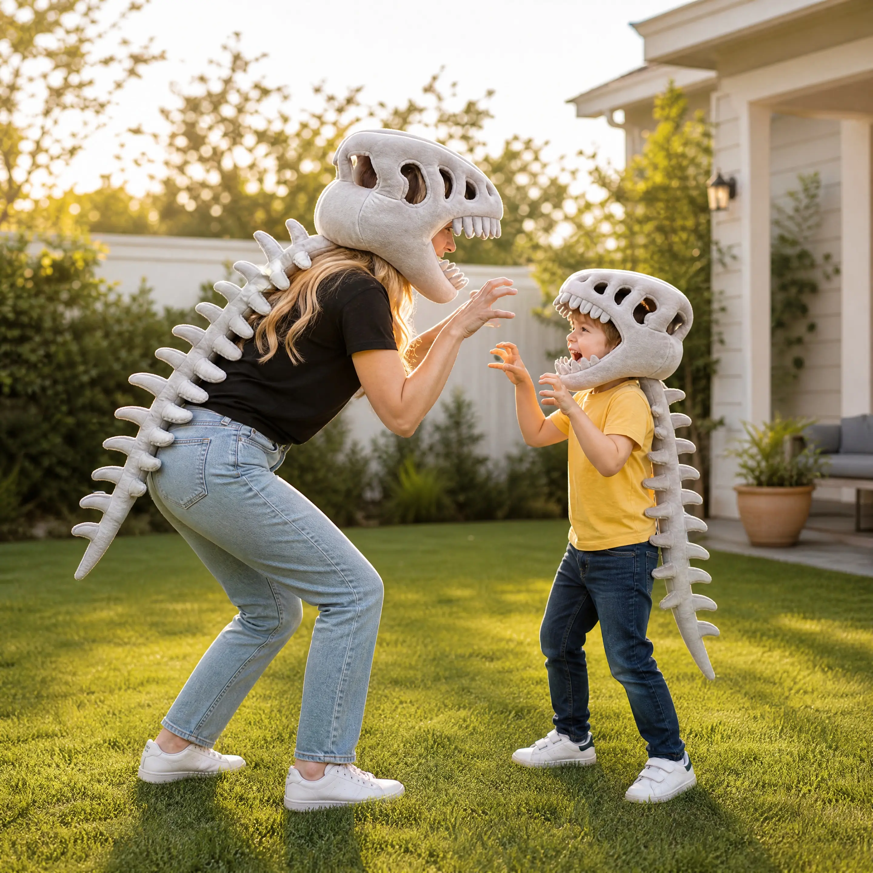 Dinosaur Skeleton Costume, 3D Spinosaurus Mask & Plush Spine, for Kids & Adults | Family Cosplay for Halloween & Parties