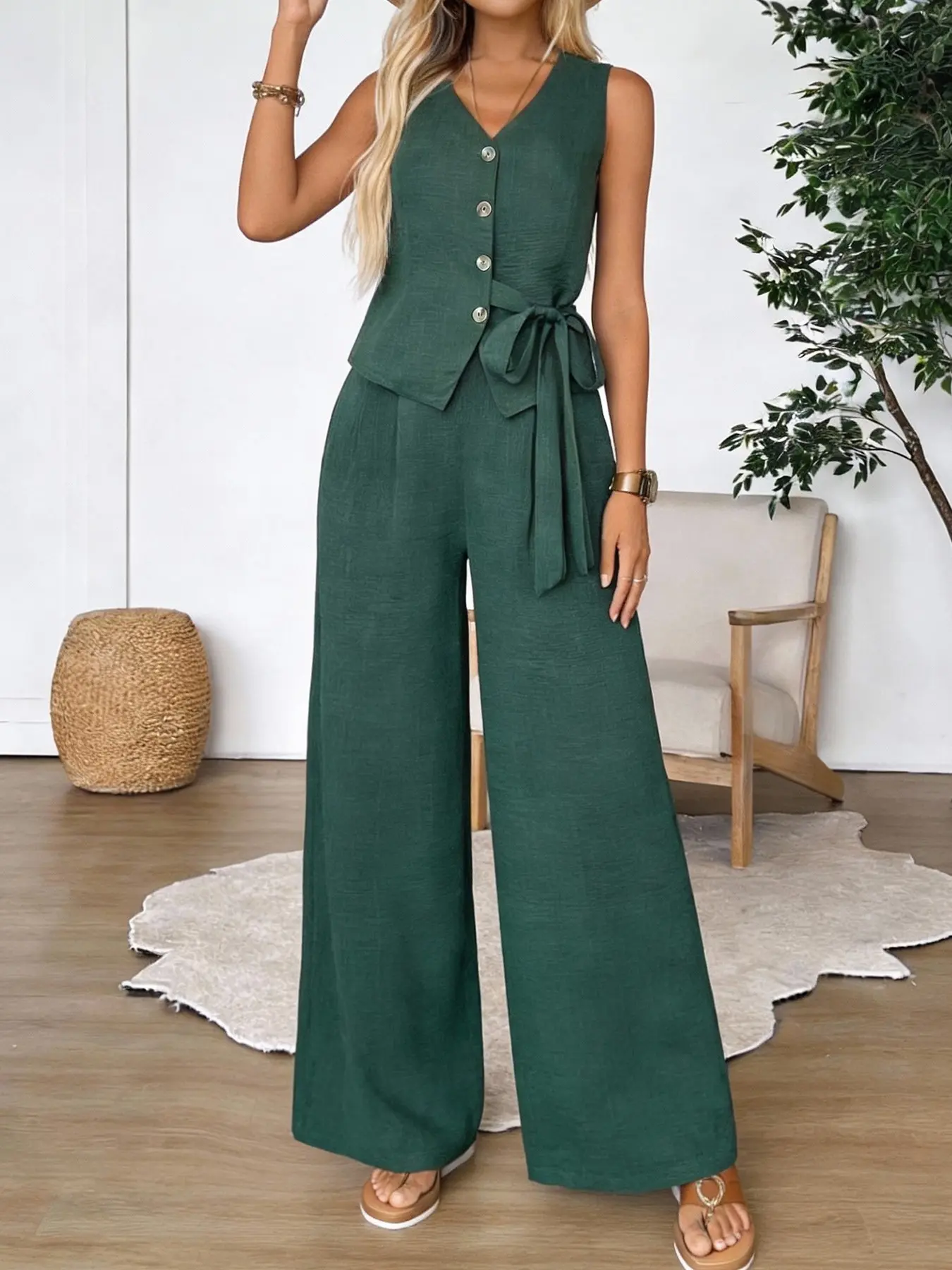 Women's Dark Belted Vest Top Wide Leg Pants Set Suits, Waist Cinching Slimming, Office Commute Light Business Casual Daily Wear