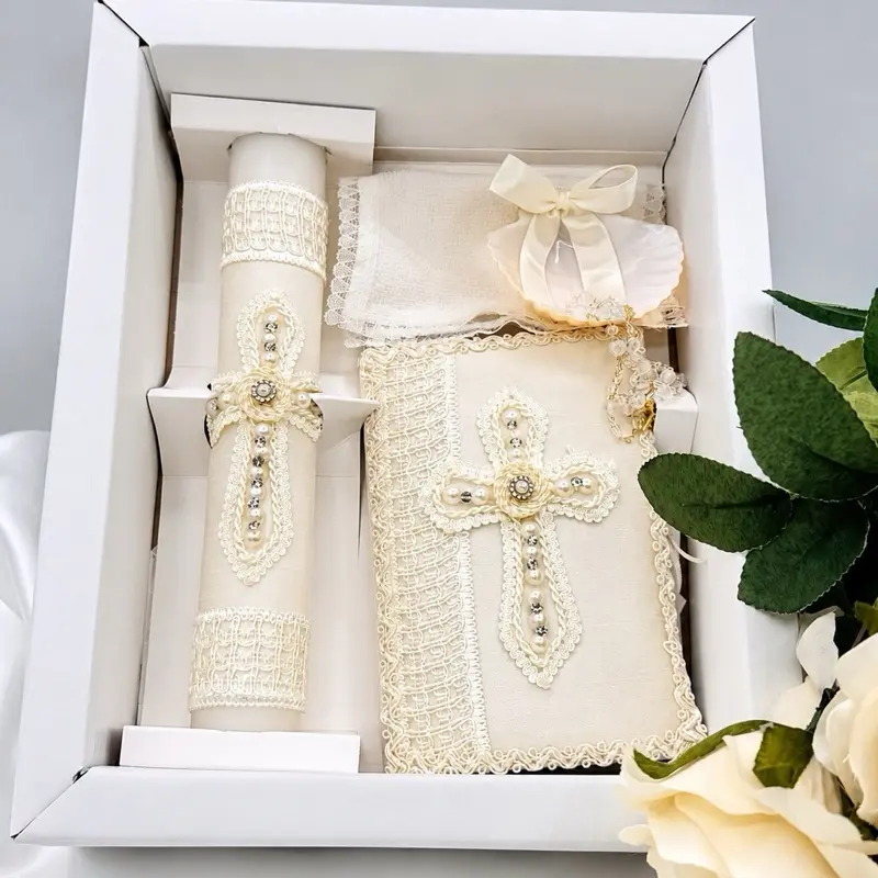 Christian Faith-Based Religious 5-Piece 8in Traditional Bautizo Ceremony Candle Gift Bundle Set - White Male Party Gift with Rosary, Testament, Decorative Elements in Box, Christian Gift
