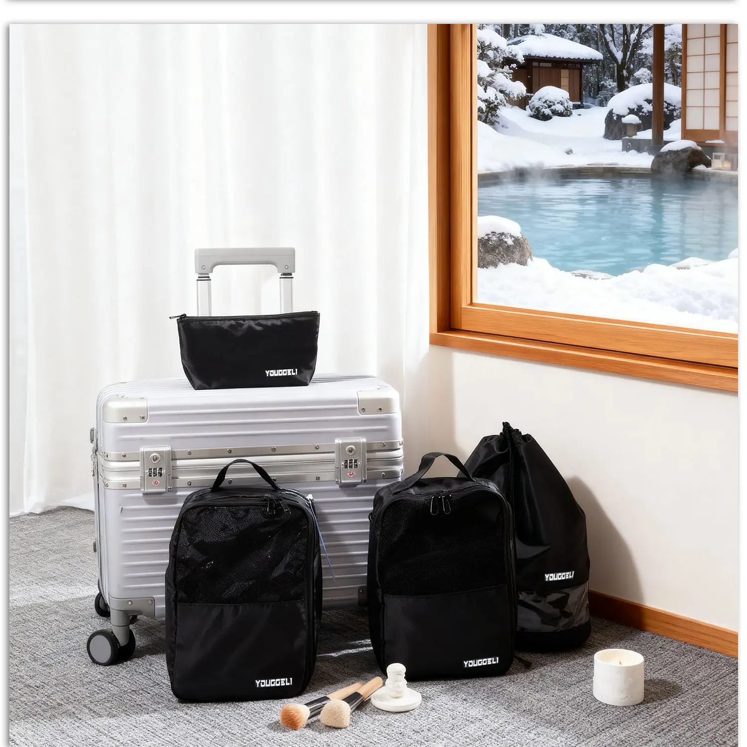 YOUGGELI Compression Packing Cubes for Suitcases - 4 Set With,waterproof bag & expansion bag & x toiletry bag & shoe bag,Travel Organizer FallFreshness Black suit