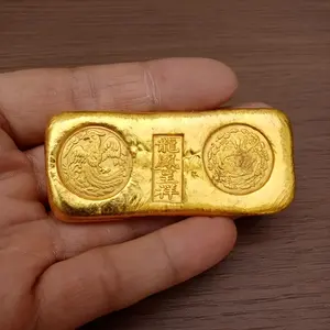 1PC Vintage Brass Dragon Phoenix Gold Bar Ornament, Chinese Design with Currency Pattern, Home & Office Decor, Feng Shui Ornaments, Unique Gift, Collectible Figurine