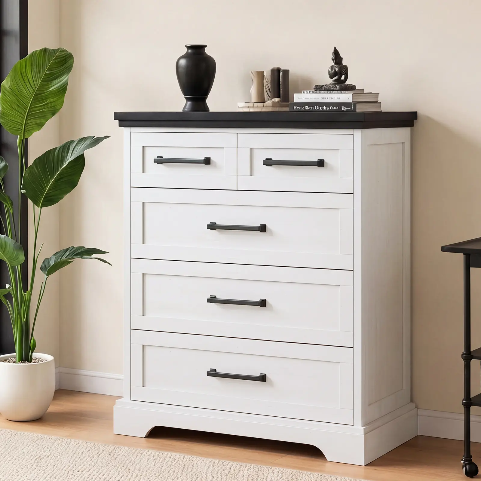 Sweetcrispy 36" Farmhouse 5-Drawer Bedroom Dresser - Cabinet Bedroom Furniture with Drawer System, Stylish Wood Chest for Living Room Display Storage, White