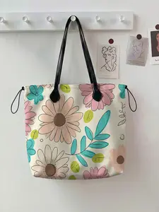 Floral Pattern 2D Printed Drawstring Tote Bag, Large Capacity Shopping Bag, Lightweight Tote Bag, Durable and Wear-Resistant, Ideal for Work, Shopping, Picnic