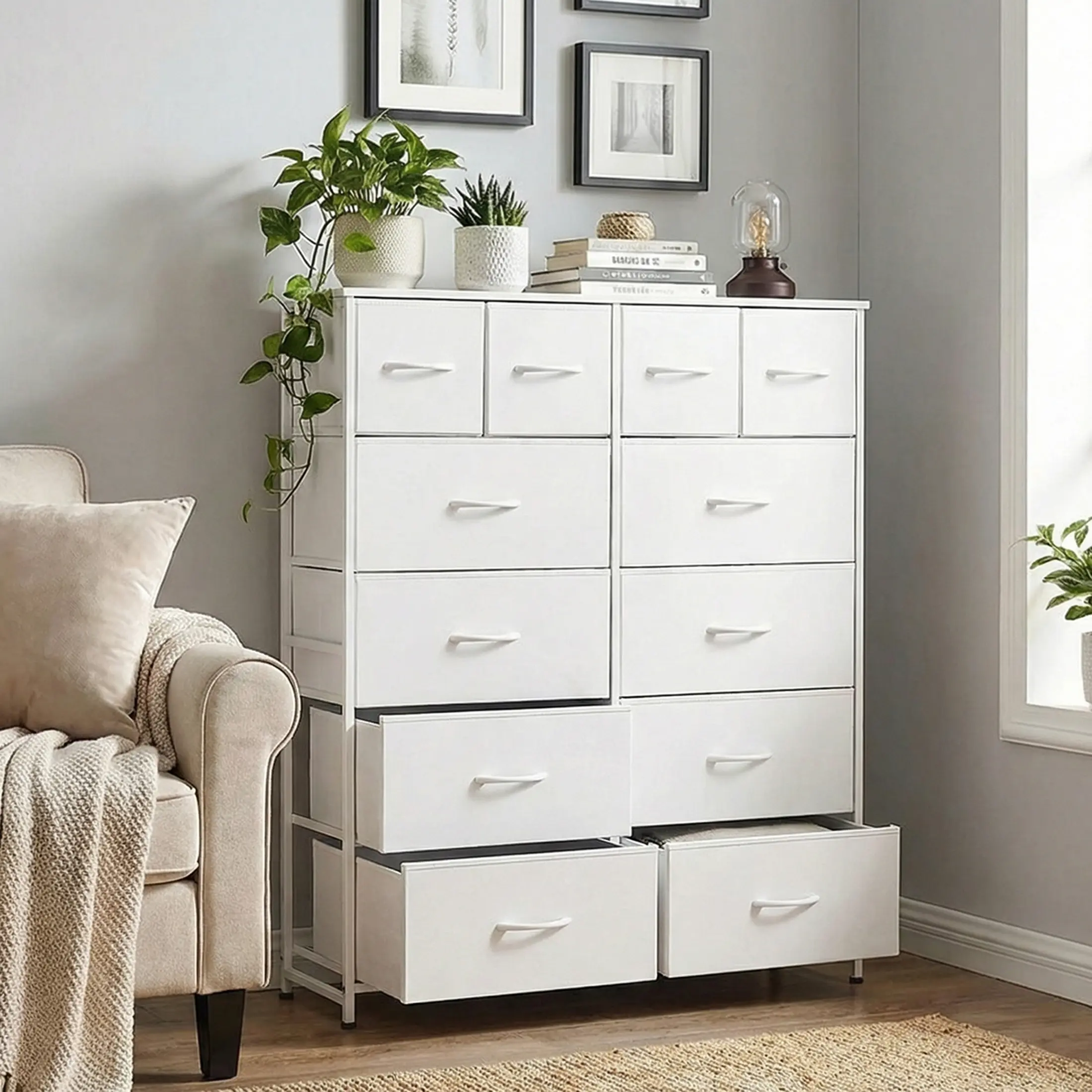 Sweetcrispy Fabric Drawer Dresser - Modern Bedroom Tall Dresser with 12 Drawers, Steel Frame, Wood Top, Storage Organizer for Living Room, Hallway, Modern Bedroom Dresser