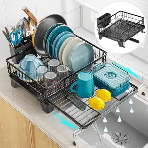 Extendable Dish Drying Rack - Large Steel Adjustable 2-in-1 Dish Racks for Kitchen Counter or Over Sink, Anti-Rust Sturdy Dish Drainer with Pan Slots and Utensil Holder