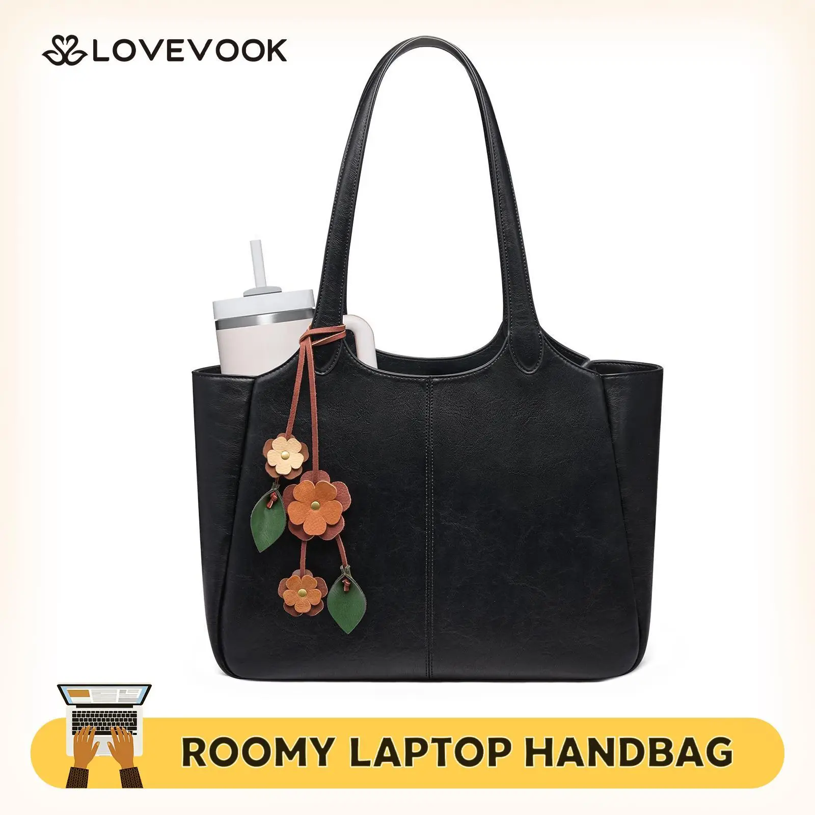 LOVEVOOK Tote Bag for Women, Leather Vintage Work Bag with 40oz Cup Holder,Nurse Teacher Shoulder Bag,Roomy,6 Pockets