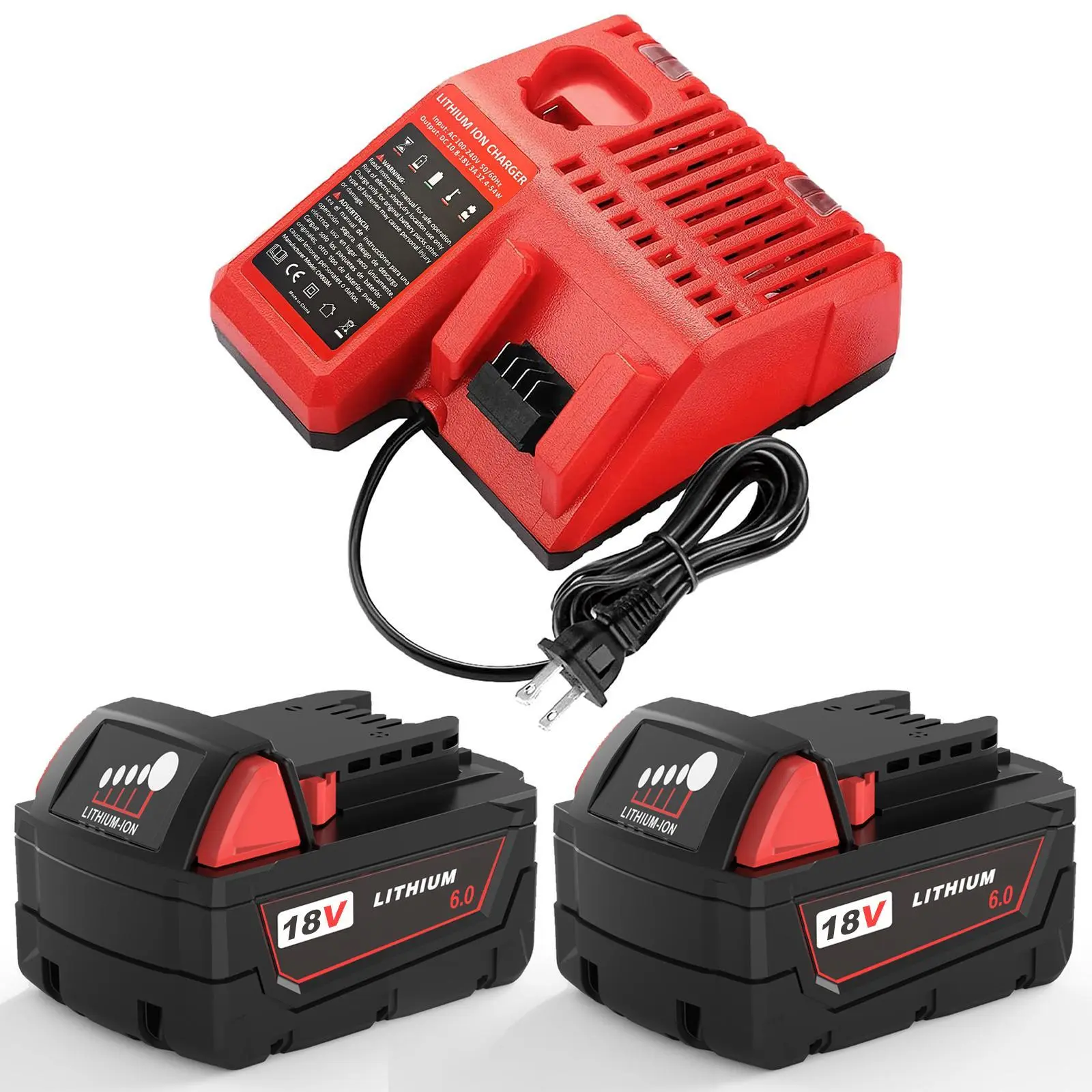 100% Brand New 18V Lithium-Ion Replacement Batteries with Charger, 6000mAh High-Output for Milwaukee M18 Series Cordless Tools, No Memory Effect Alternative to 48-11-1865 Power Tool Accessories (Integrated Smart Chip)