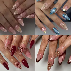 Long Almond Gold Edge Butterfly Knot Star Blue French Design Press-On Nails Set, Perfect Fit Acrylic Glossy Fake Nails Kit