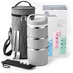 Lille Home Stackable Stainless Steel Thermal Compartment Lunch/Snack Box, 3-Tier Insulated Bento/Food Container with Lunch Bag, Cutlery Set and 3 Extra Seals, 43OZ (Gray)