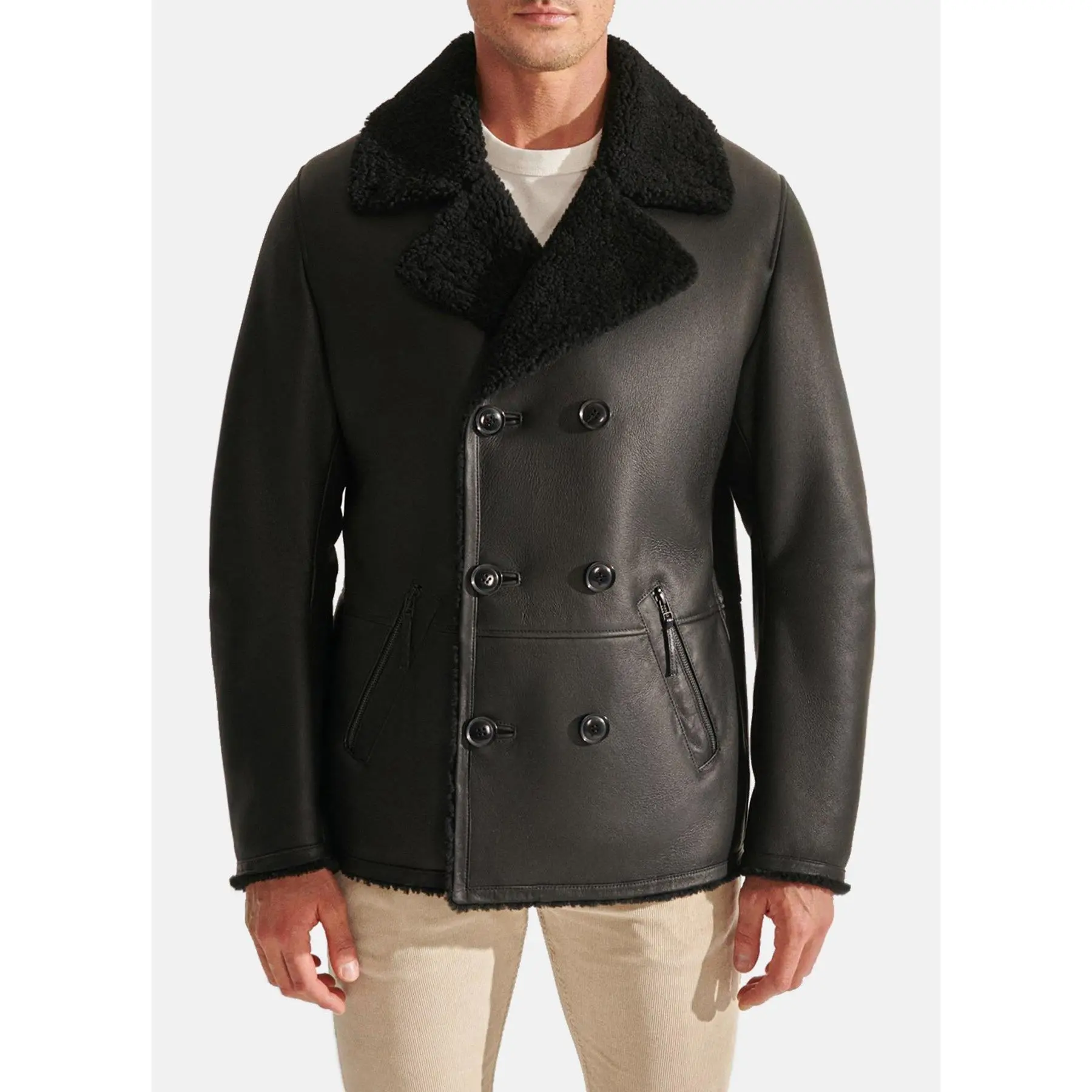 Mens Charcoal Black Shearling Leather Jacket