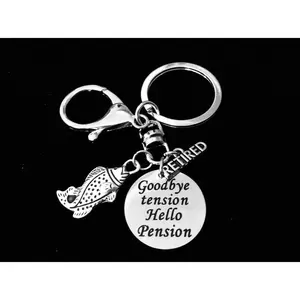 Retirement Gift Goodbye Tension Hello Pension Key FOB KeyChain Retirement Gift Silver Keyring Happy Retirement Double Sided Fish cute