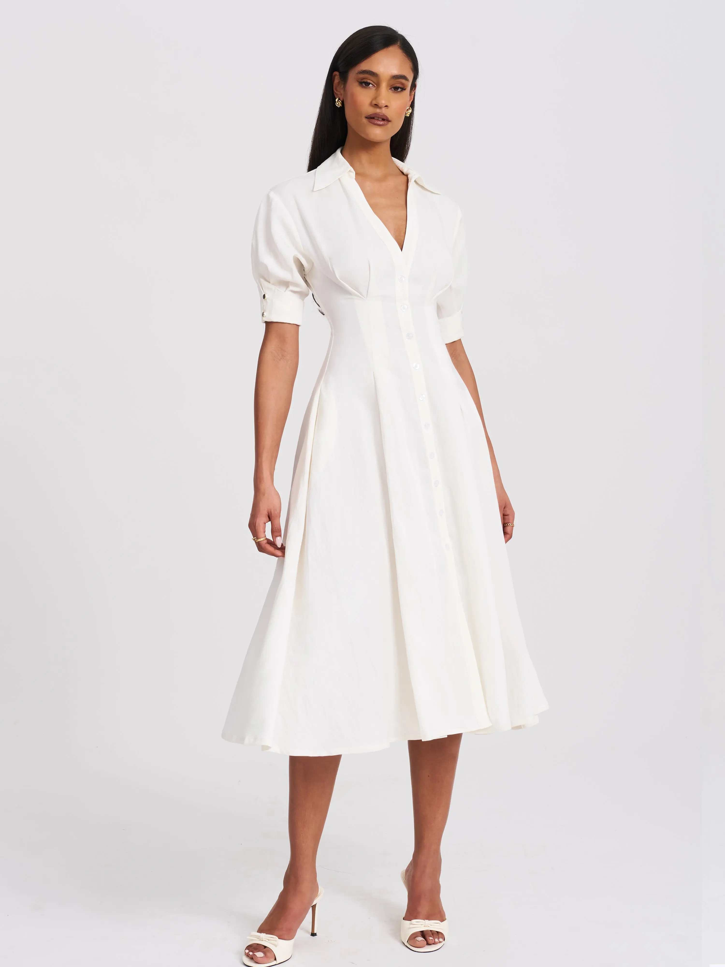 Palina White Lyocell Pleated Midi Preppy Shirt Dress