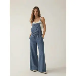 Cider Denim Square Neck Bowknot Wide Leg Jumpsuit