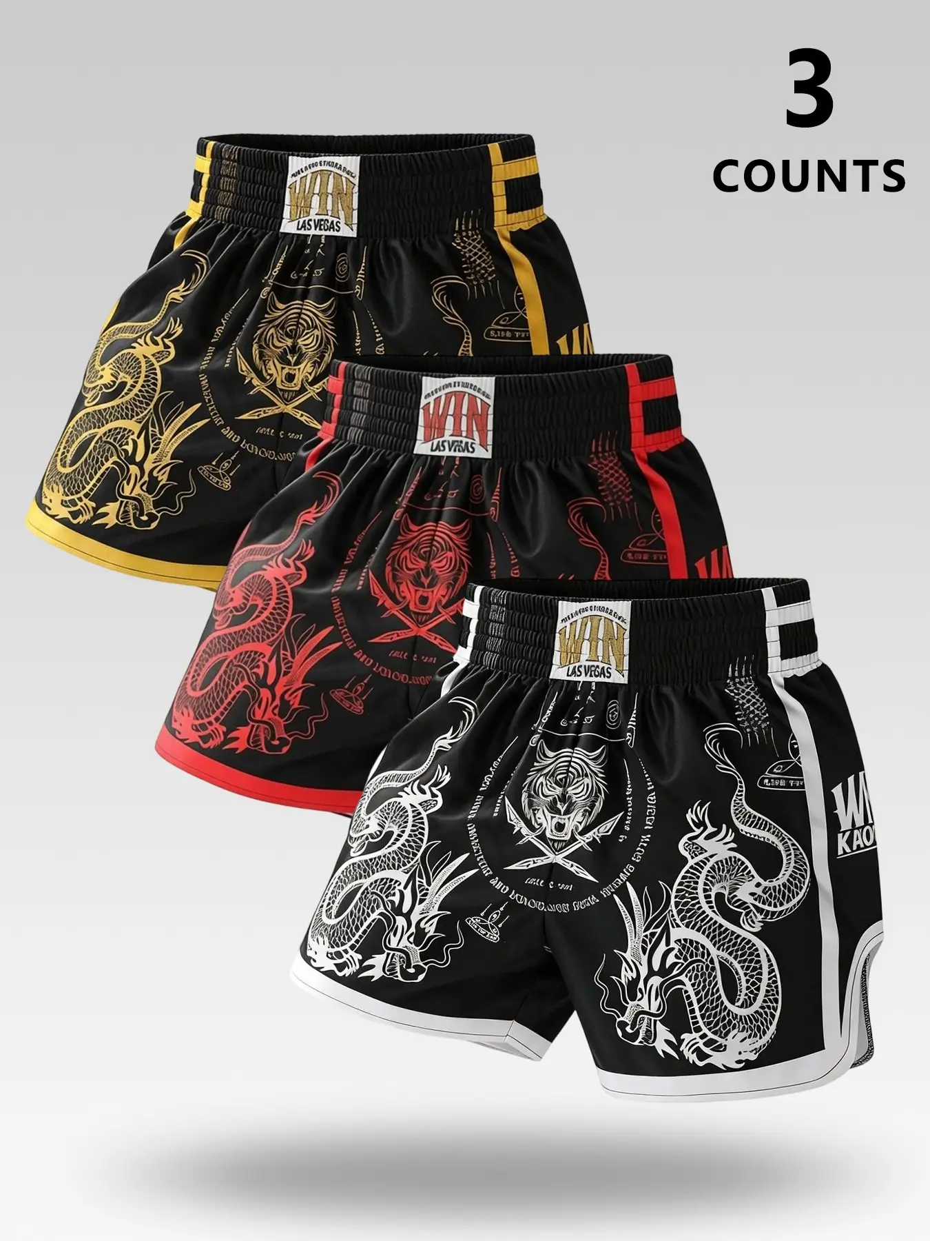 3-Pack Men's Summer Casual Fitness Shorts, Tiger Head & Dragon Design, Professional Muay Thai Training, Mma Warm-Up, Martial Arts Fashion, Graphic Fitness Shorts, Fashionable Summer Shorts