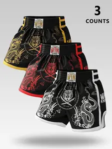 3-Pack Men's Summer Casual Fitness Shorts, Athletic Wear Shorts, Tiger Head & Dragon Design, Professional Muay Thai Training, Mma Warm-Up, Martial Arts Fashion
