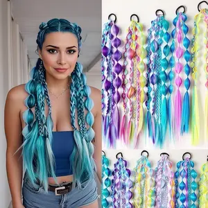 Multi-color gradient bubble gourd braids wig extension, dual-strand braided design, includes a hairband for easy wear and portability