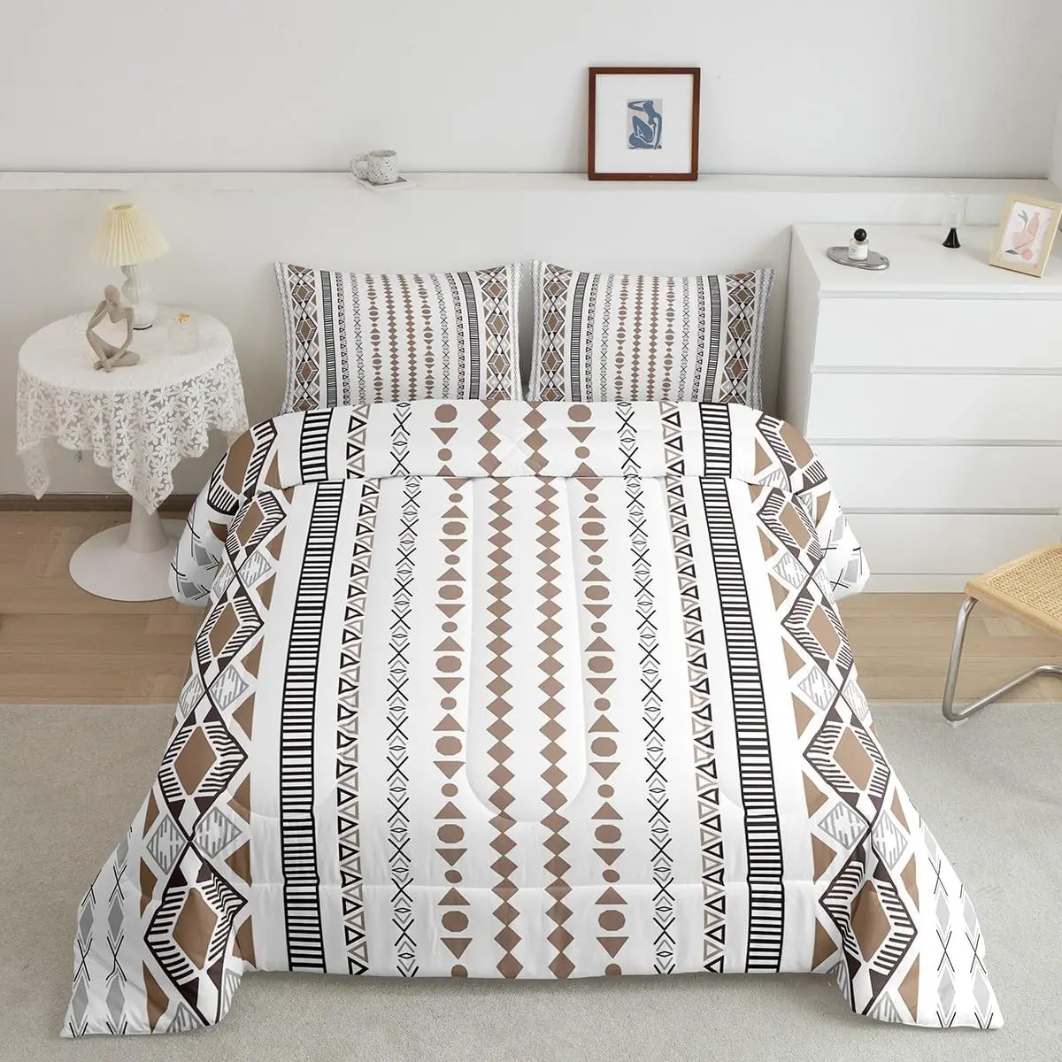Feelyou Luxury Bohemian Bedspread Set - Breathable Soft Digital Print Western Cowboy Bohemian Quilt, Brown-White Striped Geometric Decorative Bedding, Multi-Size Designer Linens, Bohemian Quilt Set