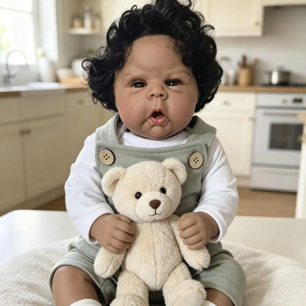 20in Chubby Ugly-Cute Reborn Baby Doll - Coffee Skin, Rooted Black Curly Hair, Sleeveless White Shirt, Sage Green Overalls, Unisex Kids Gift Set with BPA-Free Bottle & Pacifier for Playroom