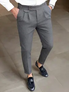 Men's Linen Pattern Suit Pants, High Waist Conical Pants, Wrinkle-Resistant Breathable Casual Work Pants, Business/commute/dating Versatile Fitted Long Pants