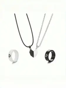 4-Piece Couple Jewelry Set, Heart Design Rings & Necklaces, & Minimalist Style, Perfect Gift for Friends/lovers