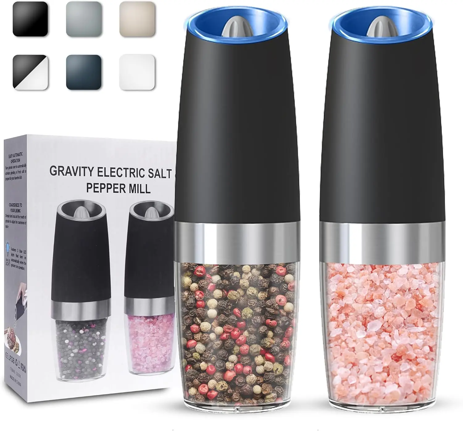 Gravity Electric Salt and Pepper Grinder set of 2, Automatic Salt And Pepper Grinder Set, Adjustable Roughness, Battery Powered, LED Light, 2 Pack,