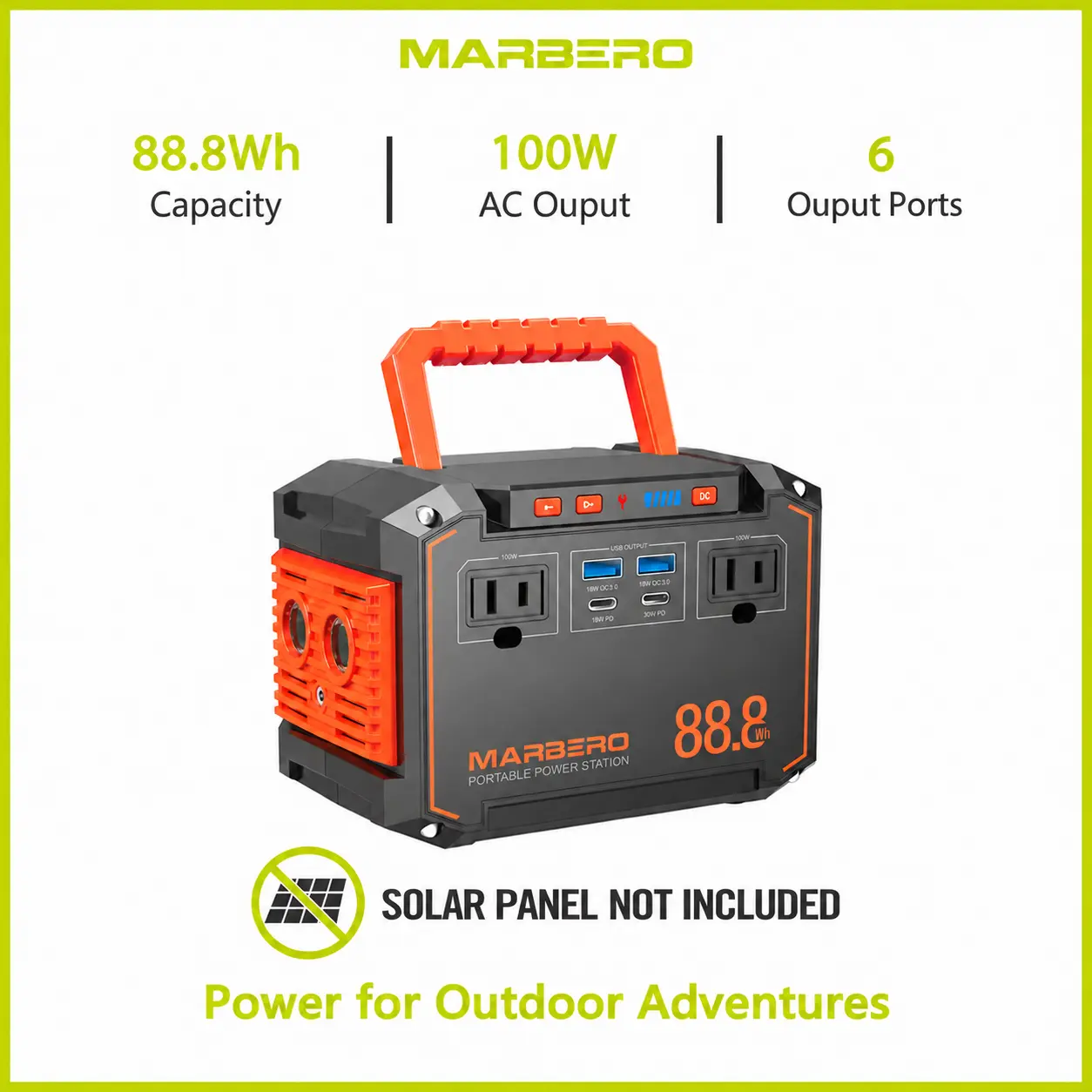 (Solar Panel Not Included) MARBERO 88.8Wh Portable Power Station with 2 x 100W AC Outlets(150W Surge) 6 Output Ports Built-in Flashlight for Camping Essentials Power Outage Outdoor Emergency