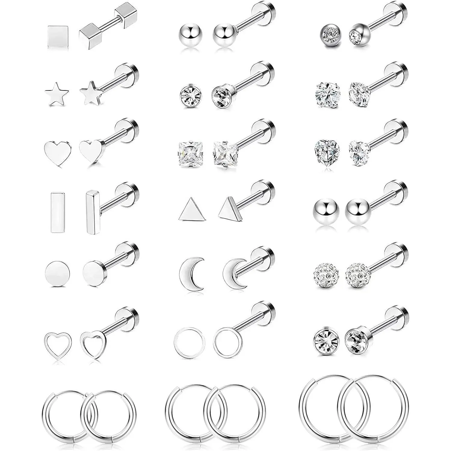 Milacolato Unisex 21-Pair Flat Back Earrings Set, 0.8mm/1mm Nickel-Free SS Stud & Hoops with CZ Star Moon Heart, Sleeping Safe for Cartilage Helix, Birthday Anniversary Gift