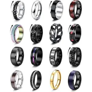 16count Stainless Steel Fidget Rings for Men Women Stress Anxiety Relief Rings Black Cool Chain Band Spinner Rings Set for Wedding Promise Mens Rings Pack