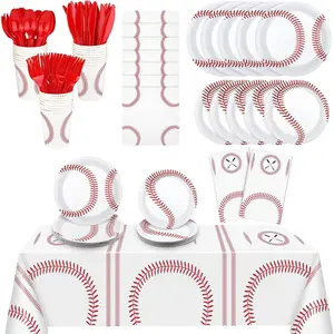 Kochorie 242 Pieces Baseball Party Decorations Tableware Set Include Plastic Tablecloth Paper Plates Napkins Cutlery for Baseball Birthday Party Decorations Gameday Supplies, Serve 30 Guests