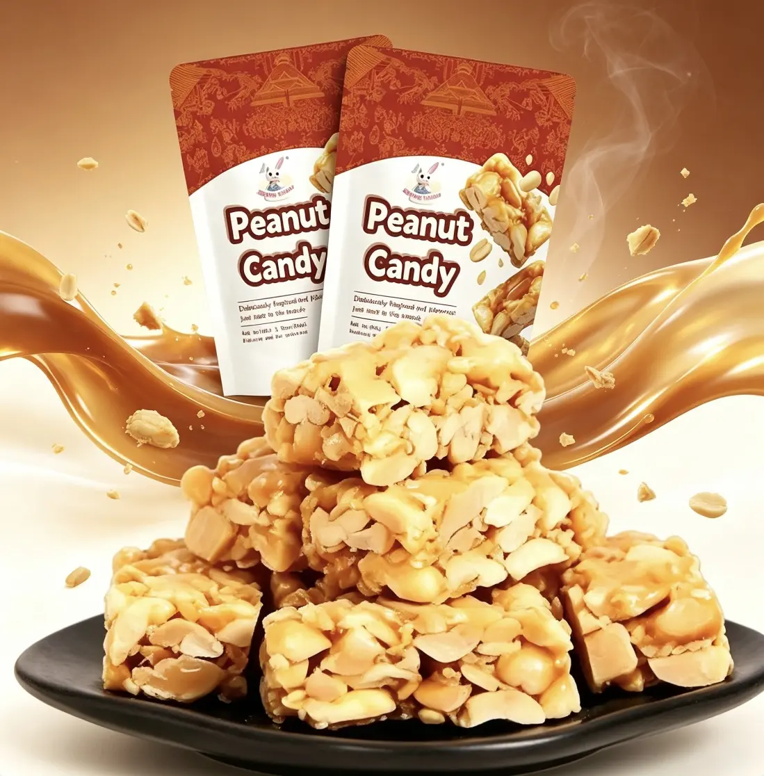 Certified Organic Natural Traditional Asian Peanut Brittle Candy 2-Pack, Low Sodium, Trans-Fat Free, Crunchy Malt Sugar Roasted Peanut Squares, Individual Wraps, Portable Vegetarian Halal Protein Snack for Travel, 100g Bags Made in China, Sweet-Nutty