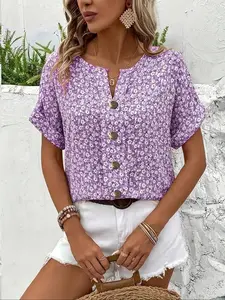 Women's Floral Short Sleeve Woven Button Top, Comfortable Chic Casual Fitted T-Shirt, Pop Art Print, Spring & Fall Fashion, All over Print