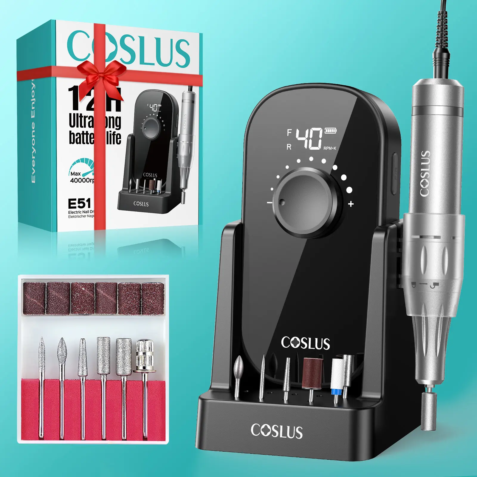 COSLUS E51 Salon-Level Rechargeable Nail Drill - 35000 RPM Portable File with Storage Stand, for Acrylic Gel Polish Removal, Easy-to-Use Nail Care Tool for Women's Home DIY or Salon Use