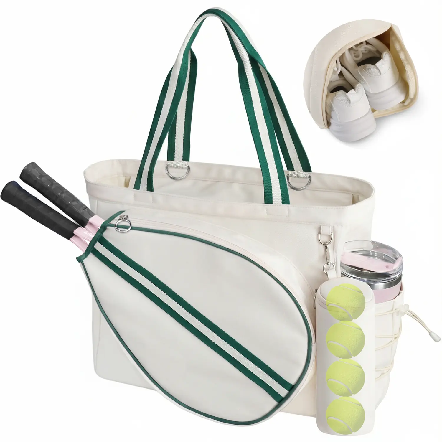 Movker Unisex Tennis Tote Bag - Nylon Fabric Outdoor Fitness Trainer Bag with 2-Racket Capacity, 15.6" Laptop Slot, Shoe Compartment, Wet Pocket, Fence Hook for Gym & Overnight Tennis Gear Storage