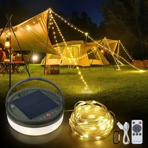 Lighting 4 in 1 Solar Camping String Lights, 42.6Ft Ultra Long String with 160LEDs, Solar Powered and USB Rechargeable Light with Remote Control, Portable Camping Light for Hiking, Decorations