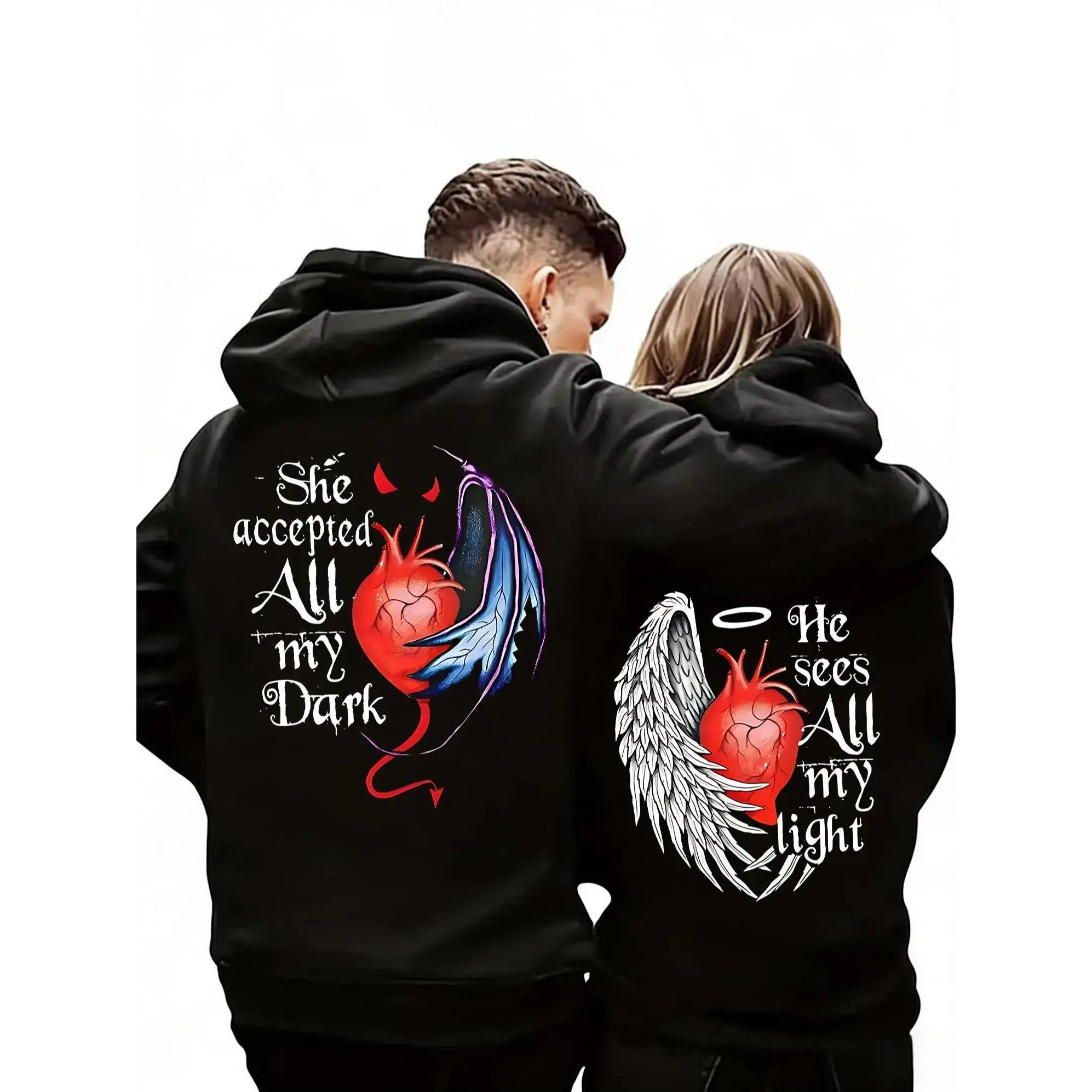 Valentine's Day Limited Edition Matching BF and GF Printed Hoodie - "He Sees All My Light/She Accepted All My Dark", Kangaroo Pocket, Plush Long-Sleeved Casual Sweatshirt for Outdoor Sports, Couple Gifts For Adults, Husband And Wife Gifts, Women's Clothes