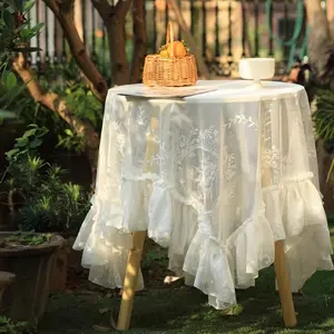 French Vintage Lace Tablecloth, Handmade Elegant Scalloped Edges, Light Luxury Romantic Design, Solid Color, for Dining Table Coffee Table, Fits Round Rectangular Square Tables, 1pc Round & Rectangular Table Cover