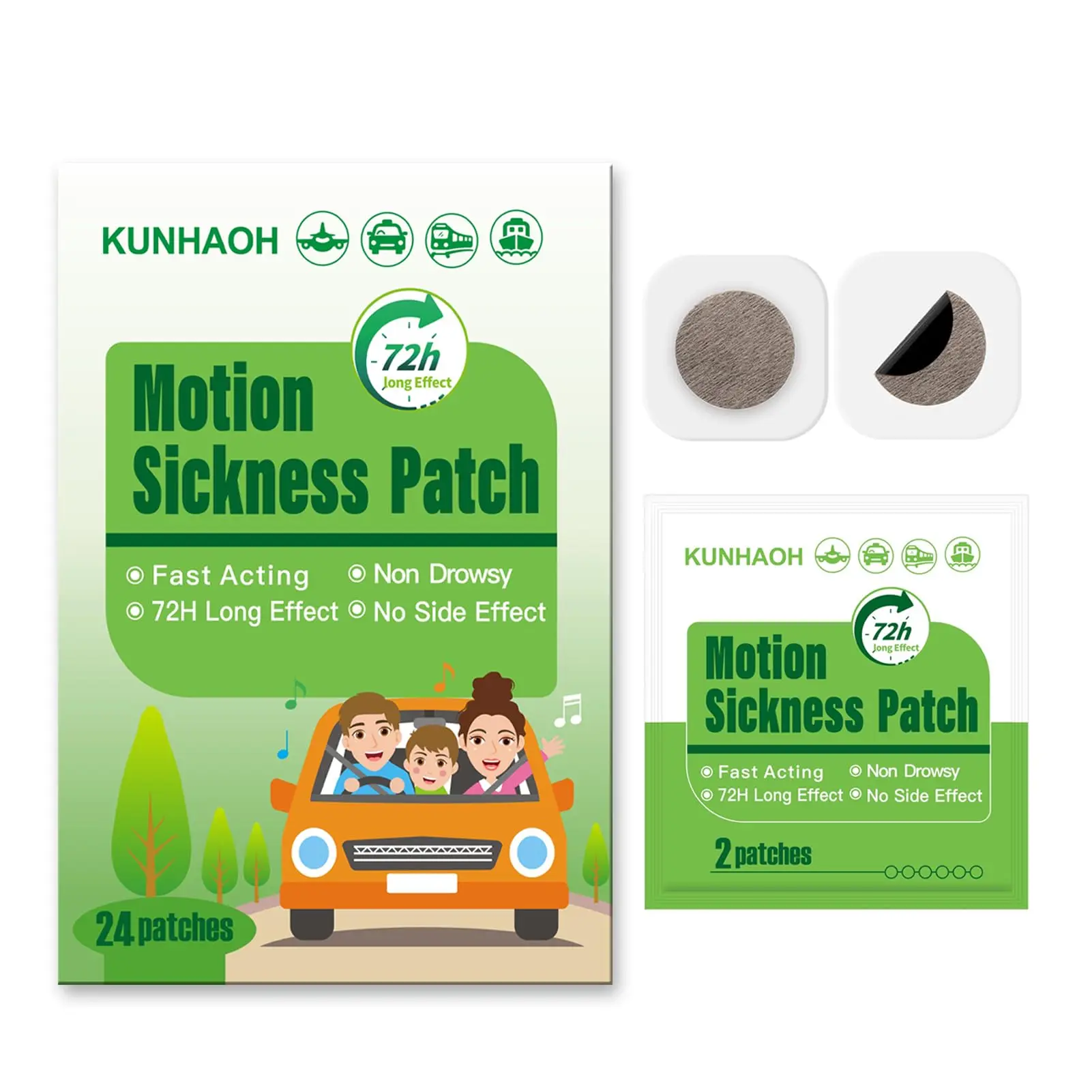 KUNHAOH Long Lasting Non-Drowsy Motion Sickness Patches - 24-Count (Pack of 1) Lightweight, Compact, Portable First Aid Travel Essentials for Adults - For Cruise, Car
