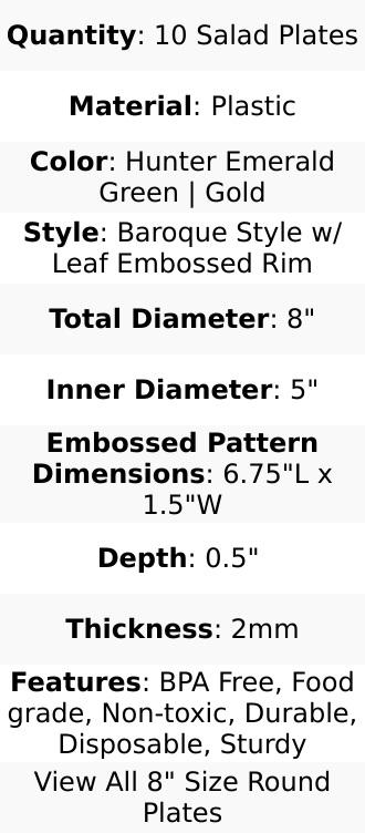 10-Pack Plastic 8" Round Dessert Plates in Hunter Emerald Green with Gold Leaf Embossed Rim - Disposable Vintage Baroque Style Salad Plates